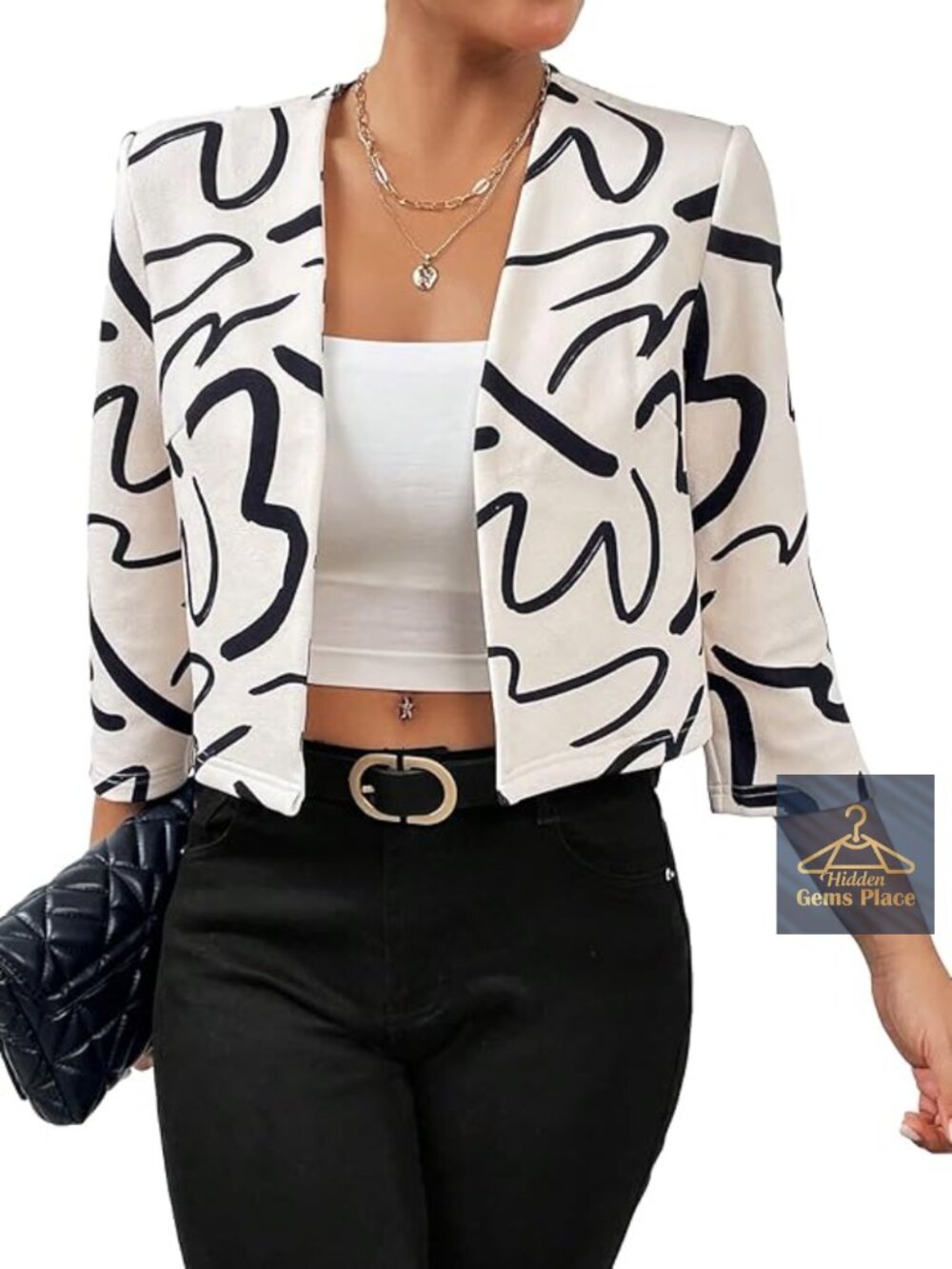Cropped Cream & Black Abstract Print Open-Front Blazer